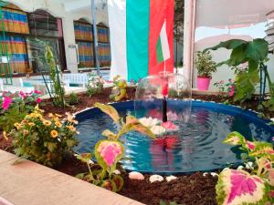un piccolo laghetto con una barca a vela in giardino di Familia Fantastiko a Kiten