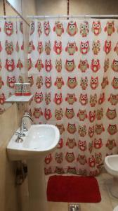 a bathroom with a sink and a red and white shower curtain at Departamento Los Inmigrantes in Esquel