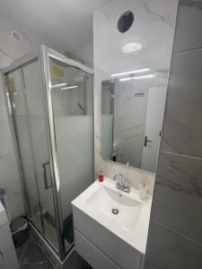 a white bathroom with a sink and a shower at Appartement Lagny sur Marne DisneyLand Paris in Lagny +9 photos