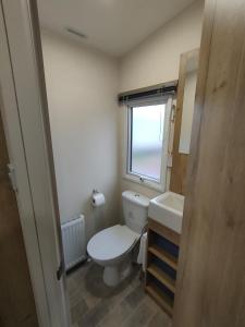 a bathroom with a toilet and a sink and a window at 3 Bedroom Luxury Caravan - Vans With Business Sign Not Allowed in Port Seton