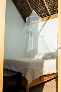 een bed met een net in een kamer bij Coconi House in Tuxpan de Rodríguez Cano