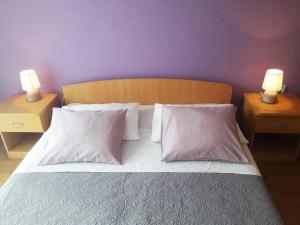 a bedroom with a bed with white pillows and two lamps at Apartment Grebastica 4882e in Bašelovići