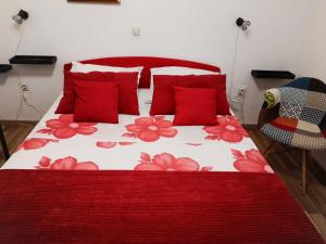 sypialnia z łóżkiem z czerwonymi poduszkami w obiekcie Apartments with a parking space Jezera, Murter - 5135 w mieście Jezera