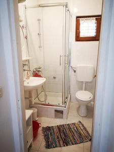 uma casa de banho com um chuveiro, um WC e um lavatório. em Apartments with a parking space Jezera, Murter - 5135 em Jezera