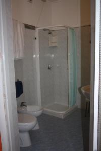 a bathroom with a shower and a toilet and a sink at Hotel Da Cesare in Stresa