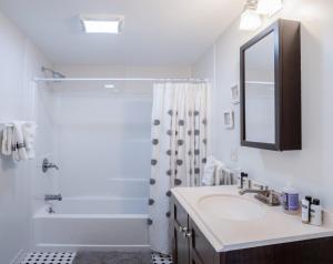 een badkamer met een wastafel en een douche met een spiegel bij Main Street Downtown Apartments in Bar Harbor