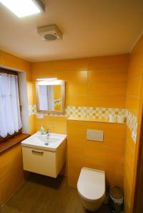 a yellow bathroom with a toilet and a sink at Apartmány Studený in Kunratice