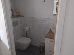 a small bathroom with a toilet and a sink at Maisonnette de bord de mer in Étables-sur-Mer