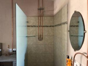 a bathroom with a shower with a mirror at The Bachelor Private Guest Room in Fernglen