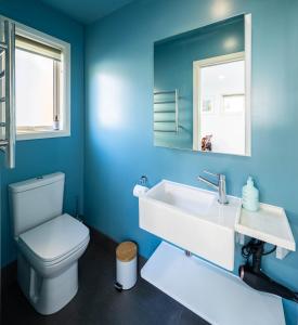 a blue bathroom with a toilet and a sink at Seymour Sleeps in Nelson