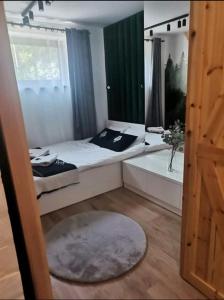 1 dormitorio con 2 camas y ventana en Apartament SMALL Czarny Potok en Krynica Zdrój