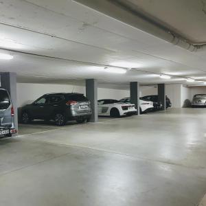 un garaje con varios coches aparcados en él en Smart Hotel Saslong, en Santa Cristina Valgardena