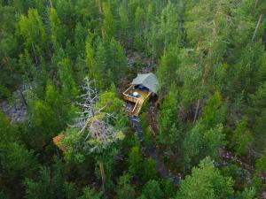 Vue aérienne d'une maison au milieu d'une forêt dans l'établissement Hideaway Glamping, à Muurame