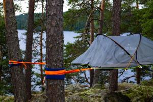 a tent is tied to a tree in the woods at Hideway Glamping Tree tent in Muurame
