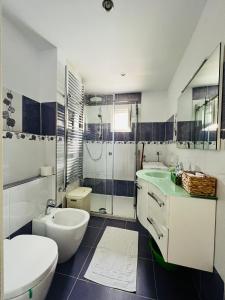 a bathroom with a toilet and a sink and a shower at Denis Apartament in Turda