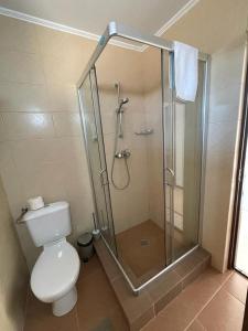 W łazience znajduje się toaleta i przeszklony prysznic. w obiekcie Hacienda del Mar'a w mieście Vama Veche