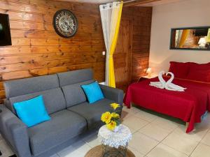 a living room with a couch and a bed at Studio les trois perles in Les Anses-dʼArlets