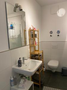 a bathroom with a sink and a toilet and a mirror at Exklusive Ferienwohnung 5km vom Centrum in Bremen