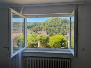 a window in a room with a view of trees at Gästehaus Murgtalblick in Gernsbach