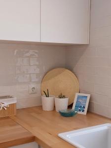 - un comptoir de cuisine avec 2 plantes en pot et un évier dans l'établissement Algarve Apartment 129, à Albufeira