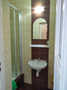 W łazience znajduje się umywalka, prysznic i lustro. w obiekcie Pokoje Gościnne u Piotra w mieście Ustronie Morskie