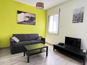 een woonkamer met een bank en een tv bij Esprit libre, Beau 2 pièces climatisé in Bordeaux