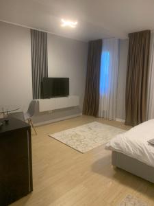 a bedroom with a bed and a flat screen tv at EM04- Studio premium in Târgu Jiu