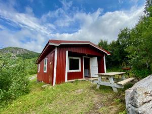 a red cabin with a picnic table in front of it at Haukland Camp Cabin in Leknes