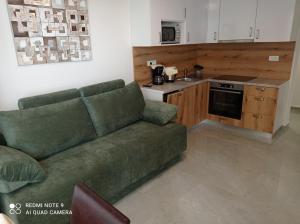 a living room with a green couch and a kitchen at Berat Apartment in Vodnjan