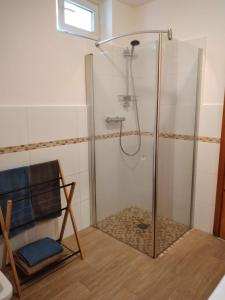 a shower with a glass door next to a chair at Appartamento a due passi da Burcina in Favaro