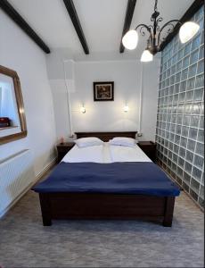 a bedroom with a large bed with blue sheets at Gasthaus Hundorf in Viişoara