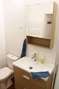 a bathroom with a sink and a toilet and a mirror at Maison 3 chambres 100m du Théâtre Antique avec salle cinéma in Orange