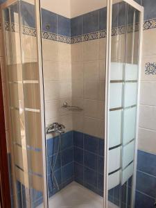 een douche met een glazen deur in de badkamer bij Ammos 1 in Panteli