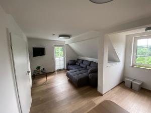 ein Wohnzimmer mit einem Sofa und einem Fenster in der Unterkunft Bergschlösschen Edersee in Waldeck