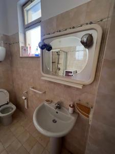 a bathroom with a sink and a mirror and a toilet at La casa di Anna in Torricella