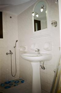 a bathroom with a sink and a shower with a mirror at John Apartments in Plataniás