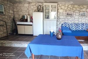 Cette chambre comprend une table bleue et un réfrigérateur. dans l'établissement Secluded family friendly house Skrip, Brac - 18944, à Postira
