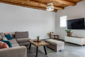 a living room with a couch and a tv at G&M House in Kefalás +24 photos