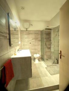 La salle de bains est pourvue de toilettes, d'un lavabo et d'une douche. dans l'établissement Casa Vacanze - Il Balconcino, à Iglesias
