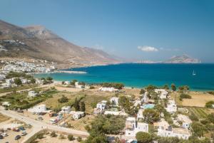 an aerial view of a small town next to the ocean at Lakki Village in Aegiali