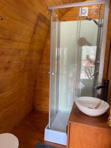 a bathroom with a shower and a sink at The tiny black bird in Fajã da Ovelha