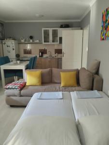 a living room with a couch and a kitchen at Apartman All seasons in Sarajevo