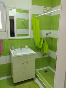 a green bathroom with a sink and a mirror at Apartman All seasons in Sarajevo