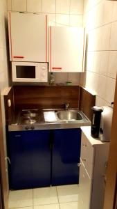 a small kitchen with a sink and a microwave at Gästehaus Möbius in Markt Erlbach