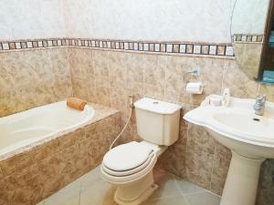 a bathroom with a toilet and a sink and a tub at Hostel Bogor in Bogor