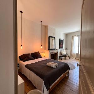 um quarto com uma cama grande e uma lareira em Spacious 2br in Arles Historical Center With Terrace em Arles