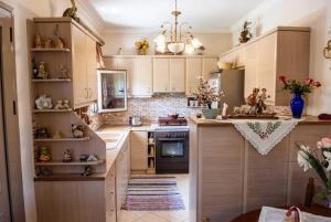 una cucina con armadi in legno e piano di lavoro di Flamiatos Garden Cottages a Pouláta
