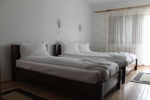two twin beds in a room with a window at Pensiunea Muntele Alb in Horezu