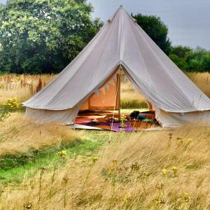 ein Zelt aus Leinwand auf einem hohen Gras in der Unterkunft The Oaks Tent Pitches with no accommodation supplied and you must bring your own tent in Colkirk