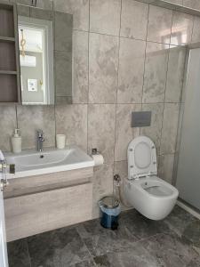 a bathroom with a sink and a toilet and a mirror at Villa Sunrise in Dalyan +16 photos